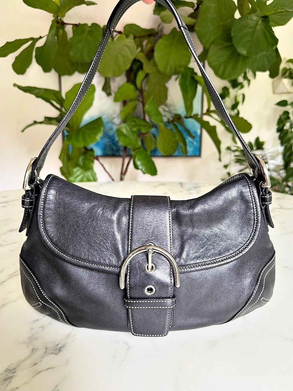 Coach Vintage Y2K Soho Medium Buckle Flap Leather Shoulder Bag 9248 Black Silver